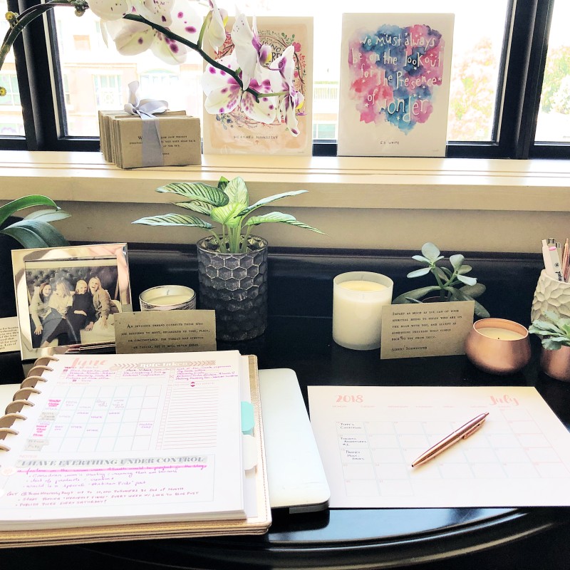 Desk, accessories and plant pots